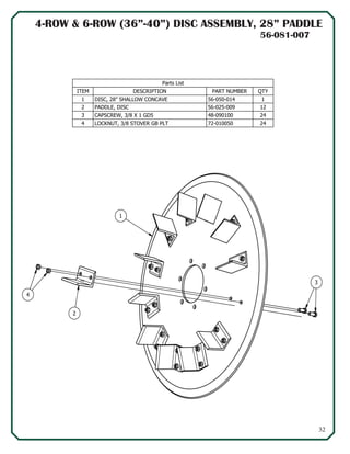 32
4
2
3
1
Parts List
QTYPART NUMBERDESCRIPTIONITEM
156-050-014DISC, 28" SHALLOW CONCAVE1
1256-025-009PADDLE, DISC2
2448-090100CAPSCREW, 3/8 X 1 GD53
2472-010050LOCKNUT, 3/8 STOVER GB PLT4
4-ROW & 6-ROW (36”-40”) DISC ASSEMBLY, 28” PADDLE
56-081-007
 