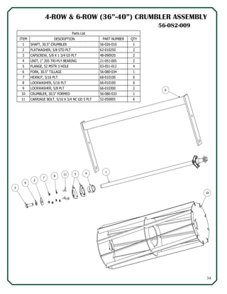 34
4-ROW & 6-ROW (36”-40”) CRUMBLER ASSEMBLY
6
3
9
2
7
8
11 5 4
1
10
Parts List
QTYPART NUMBERDESCRIPTIONITEM
156-026-010SHAFT, 30.5" CRUMBLER1
262-010250FLATWASHER, 5/8 STD PLT2
248-090920CAPSCREW, 5/8 X 1 3/4 G5 PLT3
221-051-005UNIT, 1" 205 TRI-PLY BEARING4
403-051-012FLANGE, 52 MSTR 3 HOLE5
156-080-034FORK, 30.5" TILLAGE6
668-010100HEXNUT, 5/16 PLT7
666-010100LOCKWASHER, 5/16 PLT8
266-010300LOCKWASHER, 5/8 PLT9
156-080-033CRUMBLER, 30.5" FORMED10
652-050005CARRIAGE BOLT, 5/16 X 3/4 NC GD 5 PLT11
56-082-009
 