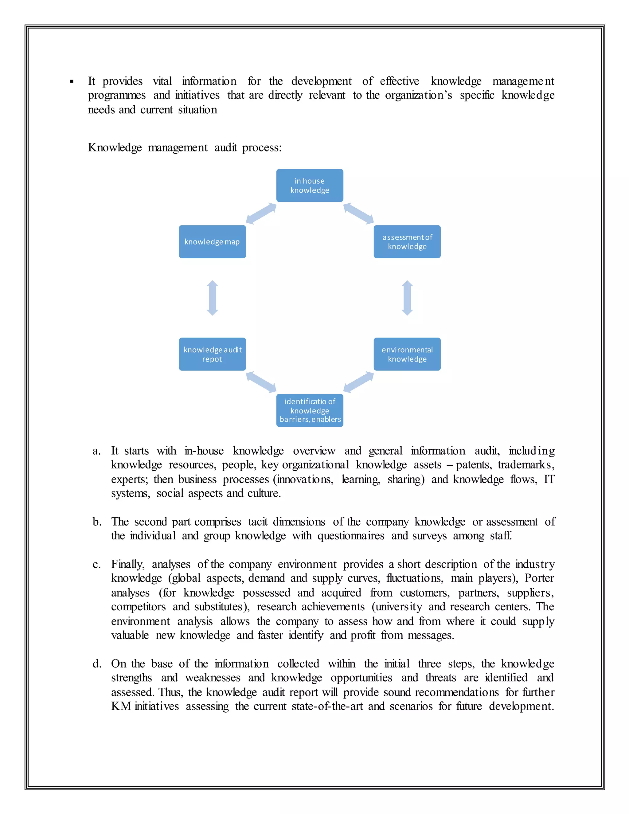  It provides vital information for the development of effective knowledge management
programmes and initiatives that are directly relevant to the organization’s specific knowledge
needs and current situation
Knowledge management audit process:
a. It starts with in-house knowledge overview and general information audit, including
knowledge resources, people, key organizational knowledge assets – patents, trademarks,
experts; then business processes (innovations, learning, sharing) and knowledge flows, IT
systems, social aspects and culture.
b. The second part comprises tacit dimensions of the company knowledge or assessment of
the individual and group knowledge with questionnaires and surveys among staff.
c. Finally, analyses of the company environment provides a short description of the industry
knowledge (global aspects, demand and supply curves, fluctuations, main players), Porter
analyses (for knowledge possessed and acquired from customers, partners, suppliers,
competitors and substitutes), research achievements (university and research centers. The
environment analysis allows the company to assess how and from where it could supply
valuable new knowledge and faster identify and profit from messages.
d. On the base of the information collected within the initial three steps, the knowledge
strengths and weaknesses and knowledge opportunities and threats are identified and
assessed. Thus, the knowledge audit report will provide sound recommendations for further
KM initiatives assessing the current state-of-the-art and scenarios for future development.
in house
knowledge
assessmentof
knowledge
environmental
knowledge
identificatio of
knowledge
barriers,enablers
knowledgeaudit
repot
knowledgemap
 