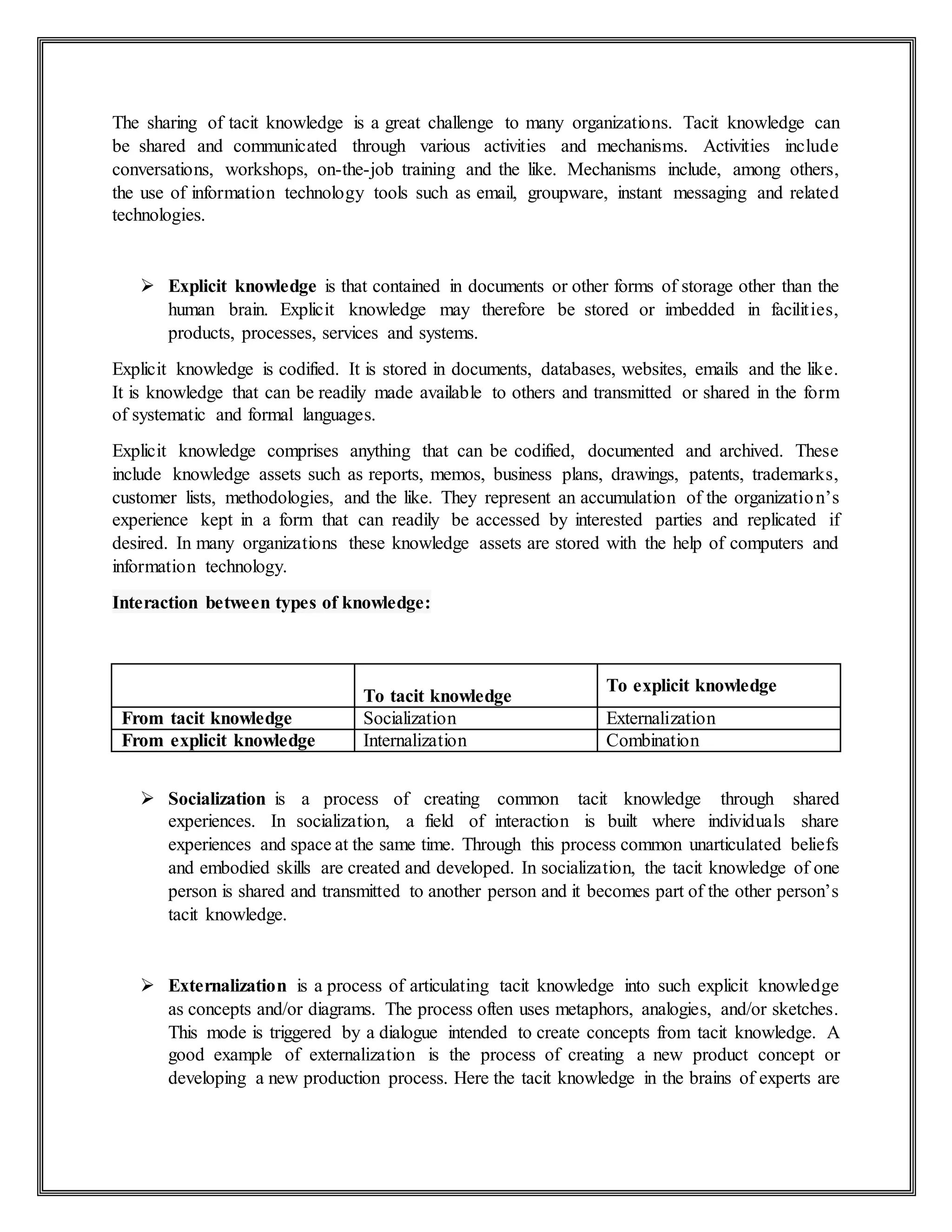 The sharing of tacit knowledge is a great challenge to many organizations. Tacit knowledge can
be shared and communicated through various activities and mechanisms. Activities include
conversations, workshops, on-the-job training and the like. Mechanisms include, among others,
the use of information technology tools such as email, groupware, instant messaging and related
technologies.
 Explicit knowledge is that contained in documents or other forms of storage other than the
human brain. Explicit knowledge may therefore be stored or imbedded in facilities,
products, processes, services and systems.
Explicit knowledge is codified. It is stored in documents, databases, websites, emails and the like.
It is knowledge that can be readily made available to others and transmitted or shared in the form
of systematic and formal languages.
Explicit knowledge comprises anything that can be codified, documented and archived. These
include knowledge assets such as reports, memos, business plans, drawings, patents, trademarks,
customer lists, methodologies, and the like. They represent an accumulation of the organization’s
experience kept in a form that can readily be accessed by interested parties and replicated if
desired. In many organizations these knowledge assets are stored with the help of computers and
information technology.
Interaction between types of knowledge:
To tacit knowledge
To explicit knowledge
From tacit knowledge Socialization Externalization
From explicit knowledge Internalization Combination
 Socialization is a process of creating common tacit knowledge through shared
experiences. In socialization, a field of interaction is built where individuals share
experiences and space at the same time. Through this process common unarticulated beliefs
and embodied skills are created and developed. In socialization, the tacit knowledge of one
person is shared and transmitted to another person and it becomes part of the other person’s
tacit knowledge.
 Externalization is a process of articulating tacit knowledge into such explicit knowledge
as concepts and/or diagrams. The process often uses metaphors, analogies, and/or sketches.
This mode is triggered by a dialogue intended to create concepts from tacit knowledge. A
good example of externalization is the process of creating a new product concept or
developing a new production process. Here the tacit knowledge in the brains of experts are
 