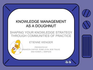 KNOWLEDGE MANAGEMENT AS A DOUGHNUT SHAPING YOUR KNOWLEDGE STRATEGY THROUGH COMMUNITIES OF PRACTICE ETIENNE WENGER PRESENTED BY BRANDON CARTER, ROBB LEVIN, BOB TRAVIS AND HOMER J. SIMPSON 