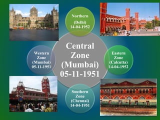 Central
Zone
(Mumbai)
05-11-1951
Northern
(Delhi)
14-04-1952
Eastern
Zone
(Calcutta)
14-04-1952
Southern
Zone
(Chennai)
14-04-1951
Western
Zone
(Mumbai)
05-11-1951
 