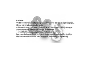 Formål:
Ved bedømmelsen af prøvepræstationen vil der blive lagt vægt på,
i hvor høj grad den studerende:
- demonstrerer kendskab forskellige kommunikationsmiljøer og –
aktiviteter samt deres forskellige præmisser.
- evne til at kunne analysere og reflektere over
kommunikationsmiljøer og –aktiviteter samt hvorledes forskellige
kommunikationsmiljøer kan faciliteter samarbejde og læring.
 