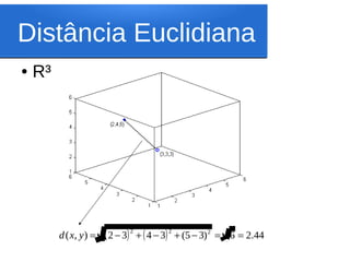 Distância Euclidiana
●   R³




         d ( x, y ) =   ( 2 − 3) 2 + ( 4 − 3) 2 + (5 − 3) 2   = 6 = 2.44
 