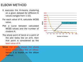 ELBOW METHOD
It executes the K-means clustering
on a given dataset for different K
values (ranges from 1-10).
For each value of K, calculate WCSS
value.
Plot a curve between calculated
WCSS values and the number of
clusters K.
The sharp point of bend or a point of
the plot looks like an arm, then
that point is considered as the
best value of K.
Since the graph shows the sharp
bend, which looks like an elbow,
hence it is known as the elbow
method.
 