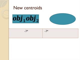 New centroids
𝒐𝒃𝒋𝟏𝒐𝒃𝒋𝟐
, )= , )=
 