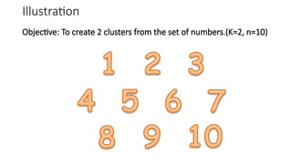 Illustration
Objective: To create 2 clusters from the set of numbers.(K=2, n=10)
 