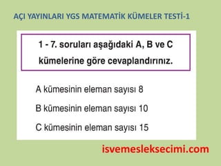 isvemesleksecimi.com
AÇI YAYINLARI YGS MATEMATİK KÜMELER TESTİ-1
 