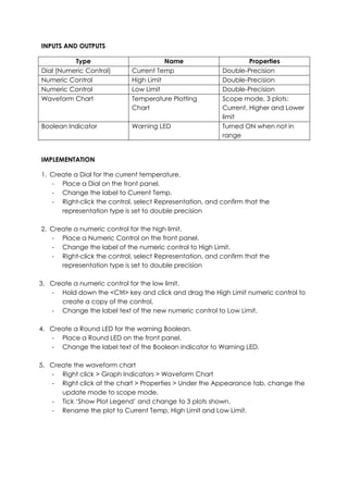 INPUTS AND OUTPUTS

          Type                          Name                      Properties
Dial (Numeric Control)       Current Temp                Double-Precision
Numeric Control              High Limit                  Double-Precision
Numeric Control              Low Limit                   Double-Precision
Waveform Chart               Temperature Plotting        Scope mode, 3 plots:
                             Chart                       Current, Higher and Lower
                                                         limit
Boolean Indicator            Warning LED                 Turned ON when not in
                                                         range


IMPLEMENTATION

1. Create a Dial for the current temperature.
   - Place a Dial on the front panel.
   - Change the label to Current Temp.
   - Right-click the control, select Representation, and confirm that the
      representation type is set to double precision

2. Create a numeric control for the high limit.
   - Place a Numeric Control on the front panel.
   - Change the label of the numeric control to High Limit.
   - Right-click the control, select Representation, and confirm that the
      representation type is set to double precision

3. Create a numeric control for the low limit.
   - Hold down the <Ctrl> key and click and drag the High Limit numeric control to
      create a copy of the control.
   - Change the label text of the new numeric control to Low Limit.

4. Create a Round LED for the warning Boolean.
   - Place a Round LED on the front panel.
   - Change the label text of the Boolean indicator to Warning LED.

5. Create the waveform chart
   - Right click > Graph Indicators > Waveform Chart
   - Right click at the chart > Properties > Under the Appearance tab, change the
      update mode to scope mode.
   - Tick ‘Show Plot Legend’ and change to 3 plots shown.
   - Rename the plot to Current Temp, High Limit and Low Limit.
 