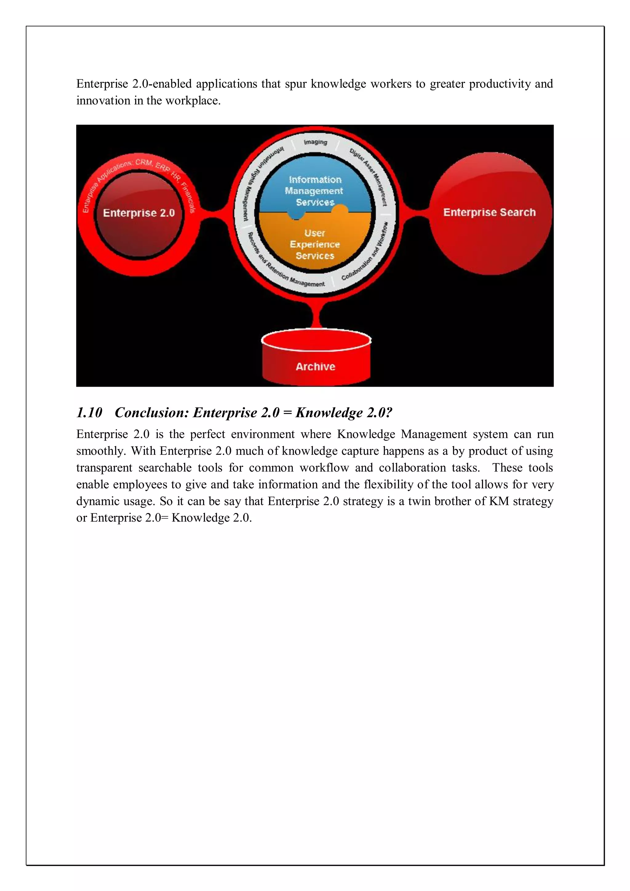 Enterprise 2.0-enabled applications that spur knowledge workers to greater productivity and
innovation in the workplace.




1.10 Conclusion: Enterprise 2.0 = Knowledge 2.0?
Enterprise 2.0 is the perfect environment where Knowledge Management system can run
smoothly. With Enterprise 2.0 much of knowledge capture happens as a by product of using
transparent searchable tools for common workflow and collaboration tasks. These tools
enable employees to give and take information and the flexibility of the tool allows for very
dynamic usage. So it can be say that Enterprise 2.0 strategy is a twin brother of KM strategy
or Enterprise 2.0= Knowledge 2.0.
 
