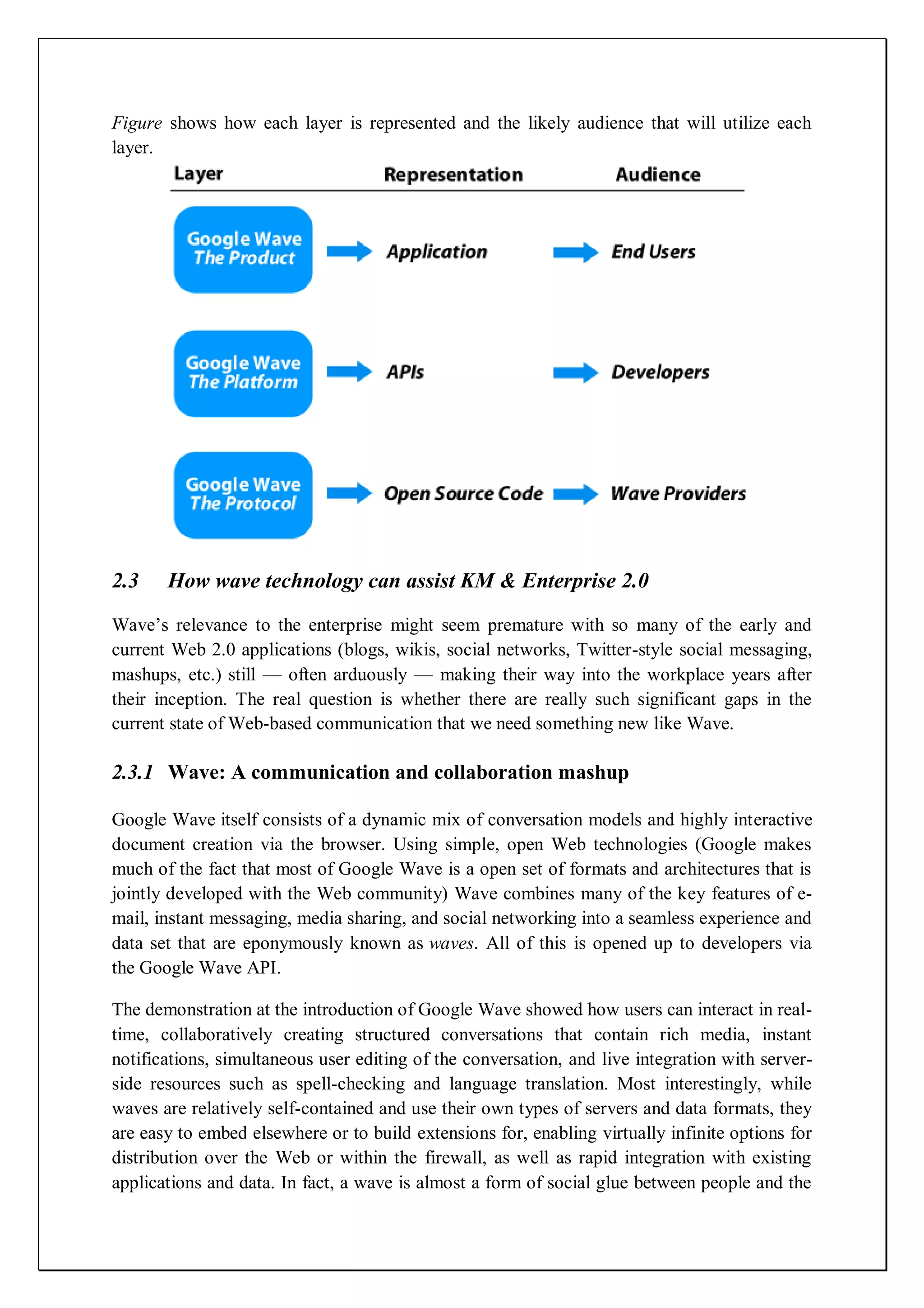 Figure shows how each layer is represented and the likely audience that will utilize each
layer.




2.3    How wave technology can assist KM & Enterprise 2.0

Wave’s relevance to the enterprise might seem premature with so many of the early and
current Web 2.0 applications (blogs, wikis, social networks, Twitter-style social messaging,
mashups, etc.) still — often arduously — making their way into the workplace years after
their inception. The real question is whether there are really such significant gaps in the
current state of Web-based communication that we need something new like Wave.

2.3.1 Wave: A communication and collaboration mashup

Google Wave itself consists of a dynamic mix of conversation models and highly interactive
document creation via the browser. Using simple, open Web technologies (Google makes
much of the fact that most of Google Wave is a open set of formats and architectures that is
jointly developed with the Web community) Wave combines many of the key features of e-
mail, instant messaging, media sharing, and social networking into a seamless experience and
data set that are eponymously known as waves. All of this is opened up to developers via
the Google Wave API.

The demonstration at the introduction of Google Wave showed how users can interact in real-
time, collaboratively creating structured conversations that contain rich media, instant
notifications, simultaneous user editing of the conversation, and live integration with server-
side resources such as spell-checking and language translation. Most interestingly, while
waves are relatively self-contained and use their own types of servers and data formats, they
are easy to embed elsewhere or to build extensions for, enabling virtually infinite options for
distribution over the Web or within the firewall, as well as rapid integration with existing
applications and data. In fact, a wave is almost a form of social glue between people and the
 