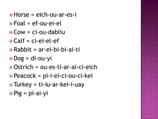  Horse  = eich-ou-ar-es-i
 Foal = ef-ou-ei-el
 Cow = ci-ou-dabliu
 Calf = ci-ei-el-ef
 Rabbit = ar-ei-bi-bi-ai-ti
 Dog = di-ou-yi
 Ostrich = ou-es-ti-ar-ai-ci-eich
 Peacock = pi-i-ei-ci-ou-ci-kei
 Turkey = ti-iu-ar-kei-i-uay
 Pig = pi-ai-yi
 