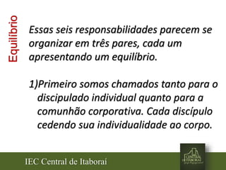 IEC Central de Itaboraí
Equilíbrio
Essas seis responsabilidades parecem se
organizar em três pares, cada um
apresentando um equilíbrio.
1)Primeiro somos chamados tanto para o
discipulado individual quanto para a
comunhão corporativa. Cada discípulo
cedendo sua individualidade ao corpo.
 