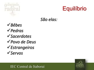 IEC Central de Itaboraí
Equilíbrio
São elas:
Bêbes
Pedras
Sacerdotes
Povo de Deus
Estrangeiros
Servos
 