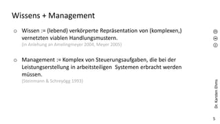 Dr.
Karsten
Ehms
5
Wissens + Management
o Wissen := (lebend) verkörperte Repräsentation von (komplexen,)
vernetzten viablen Handlungsmustern.
(in Anlehung an Amelingmeyer 2004, Meyer 2005)
o Management := Komplex von Steuerungsaufgaben, die bei der
Leistungserstellung in arbeitsteiligen Systemen erbracht werden
müssen.
(Steinmann & Schreyögg 1993)
 