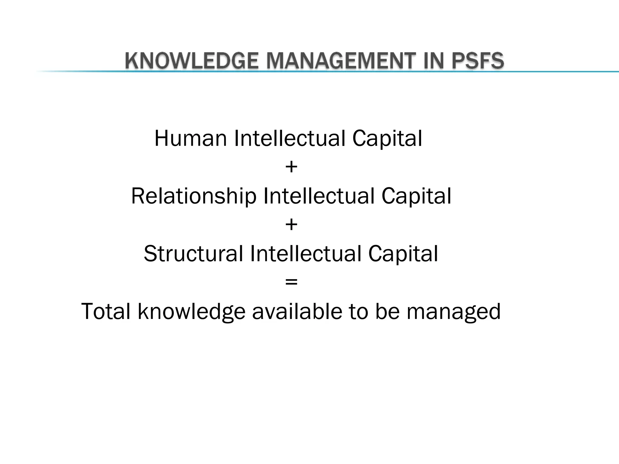 Human Intellectual Capital
+
Relationship Intellectual Capital
+
Structural Intellectual Capital
=
Total knowledge available to be managed
 