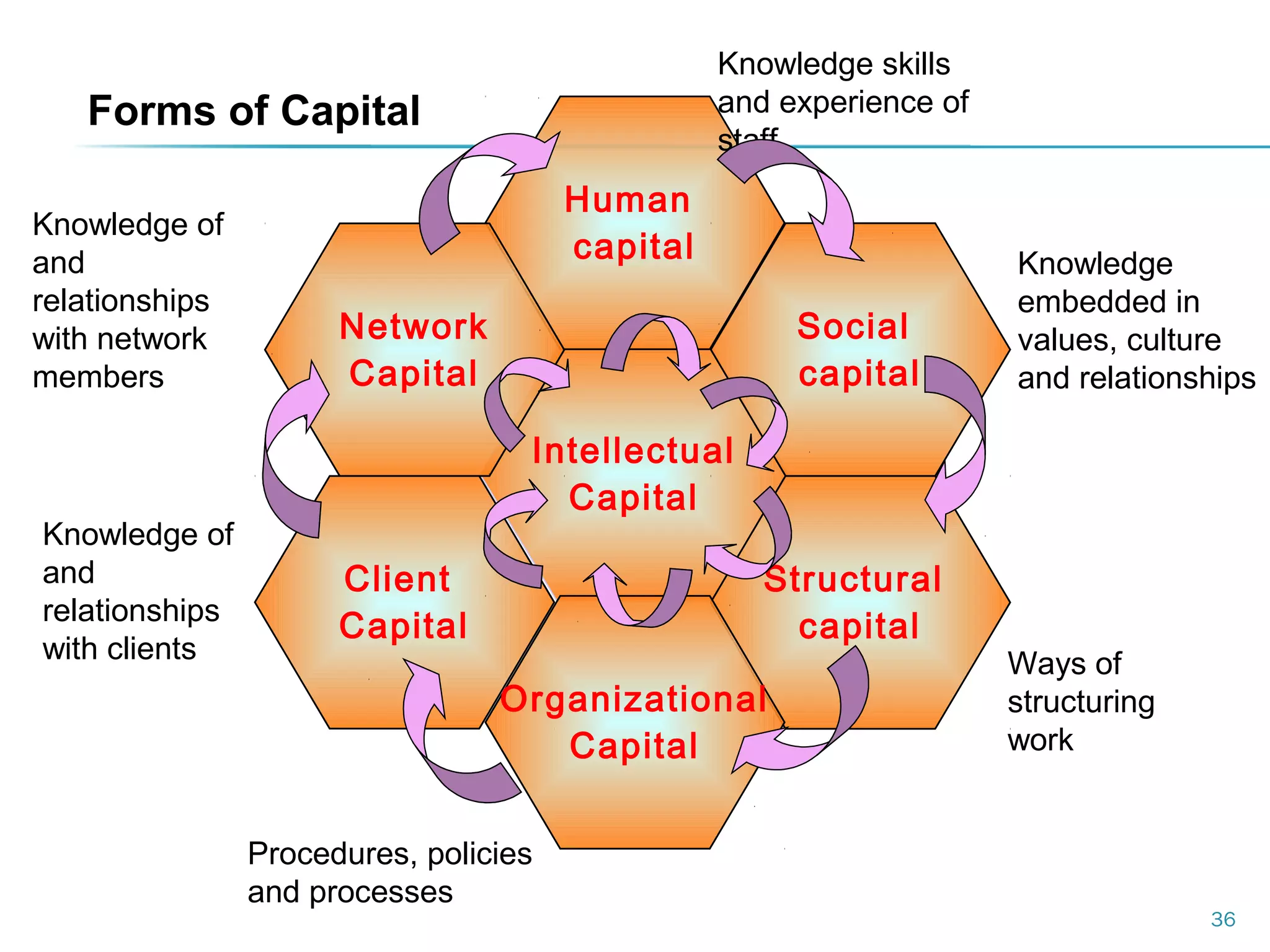 36
Intellectual
Capital
Human
capital
Social
capital
Structural
capital
Network
Capital
Client
Capital
Organizational
Capital
Forms of Capital
Knowledge skills
and experience of
staff
Knowledge
embedded in
values, culture
and relationships
Ways of
structuring
work
Procedures, policies
and processes
Knowledge of
and
relationships
with clients
Knowledge of
and
relationships
with network
members
 