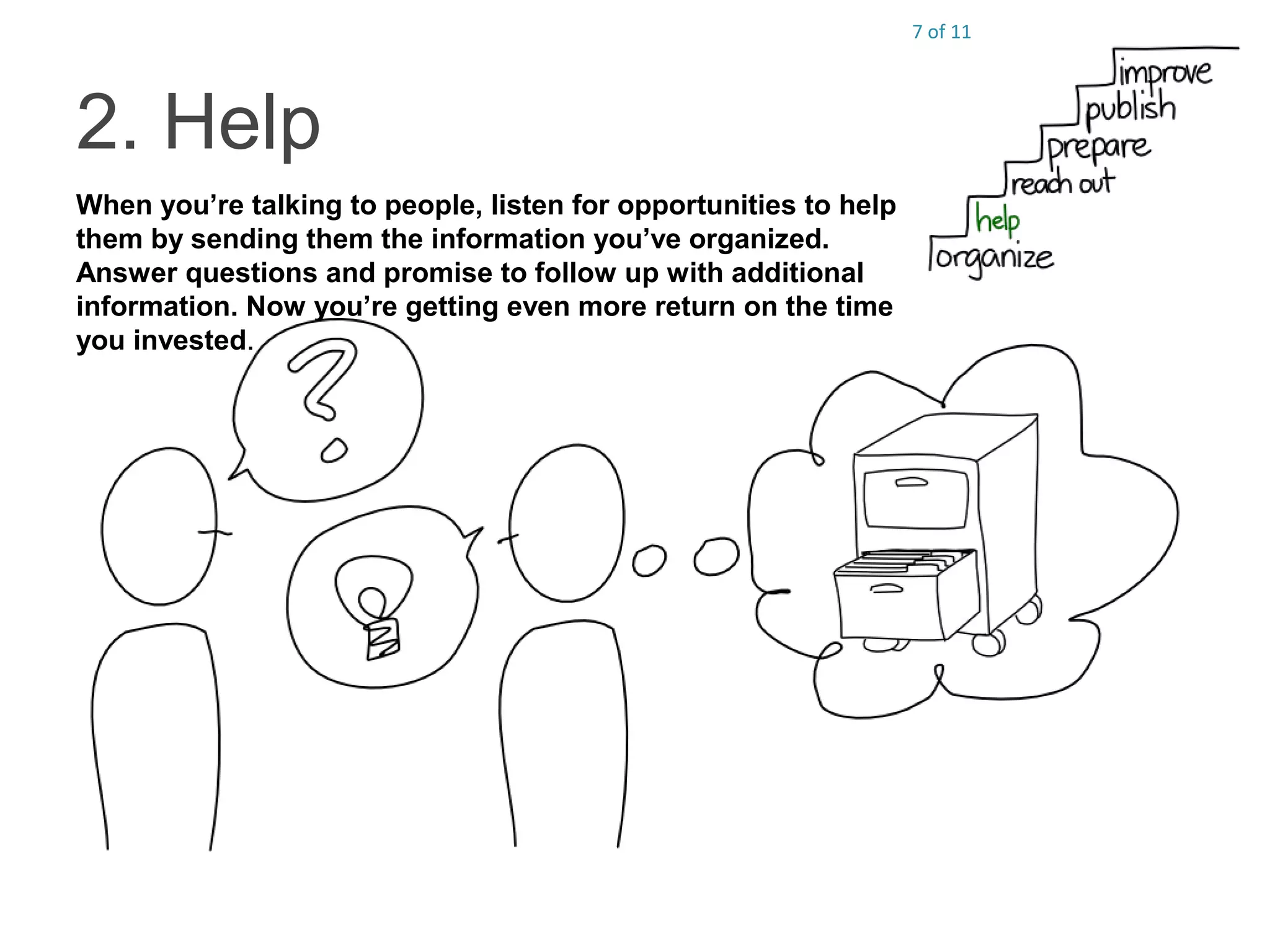 7 of 11
2. Help
When you’re talking to people, listen for opportunities to help
them by sending them the information you’ve organized.
Answer questions and promise to follow up with additional
information. Now you’re getting even more return on the time
you invested.
 
