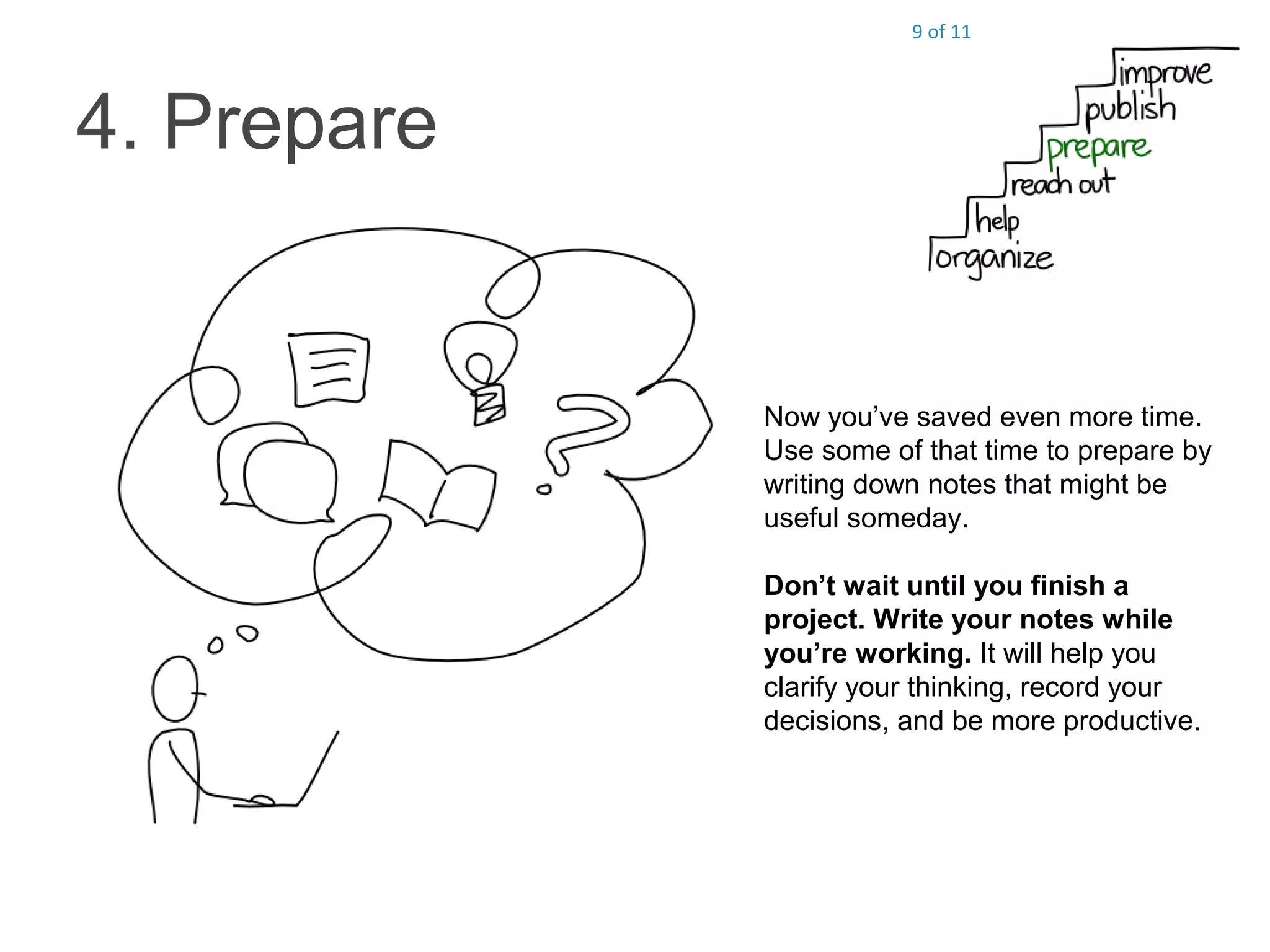 9 of 11
4. Prepare
Now you’ve saved even more time.
Use some of that time to prepare by
writing down notes that might be
useful someday.
Don’t wait until you finish a
project. Write your notes while
you’re working. It will help you
clarify your thinking, record your
decisions, and be more productive.
 