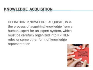 DEFINITION: KNOWLEDGE ACQUISITION is
the process of acquiring knowledge from a
human expert for an expert system, which
must be carefully organized into IF-THEN
rules or some other form of knowledge
representation
 