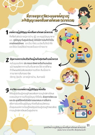 จุดเด่น
จุดเด่น โอกาส
โอกาส สร้างอาชีพ
สร้างอาชีพ เพื่อชุมชนเข้มแข็ง
เพื่อชุมชนเข้มแข็ง
11
ที่มาของการจัดระบบองค์ความรู้
ที่มาของการจัดระบบองค์ความรู้
ภูมิปัญญาท้องถิ่นตาลโตนด (ห้วยกรด)
ภูมิปัญญาท้องถิ่นตาลโตนด (ห้วยกรด)
องค์ความรู้ภูมิปัญญาท้องถิ่นตาลโตนด (ห้วยกรด)
ปัญหาของการส่งเสริมเรียนรู้คนในชุมชนตำบลห้วยกรด
การจัดระบบองค์ความรู้ภูมิปัญญาท้องถิ่น
1
2
3ให้กับศูนย์เรียนรู้เศรษฐกิจพอเพียงการอนุรักษ์ตาลโตนด
จะตอบปัญหาการแก้ไขภูมิปัญญาให้ยั่งยืน ด้วยการจัดระบบ
และประยุกต์ใช้เทคโนโลยีสารสนเทศและการสื่อสาร
เพื่อการขับเคลื่อนภูมิปัญญาท้องถิ่นด้วยนวัตกรรม
เป็นชุมชนแห่งการเรียนรู้โดยมีศูนย์เรียนรู้เศรษฐกิจพอเพียง
การอนุรักษ์ตาลโตนดเป็นศูนย์กลาง
ทั้งที่ฝั งในตัวปราชญ์ชาวบ้าน ผู้รู้ และครูภูมิปั ญญาตาล
และ ภูมิปั ญญาในศูนย์เรียนรู้ ยังไม่มีการบันทึกไว้เป็ น
ลายลักษณ์อักษร และนำมาจัดระบบจัดเก็บให้เข้าถึง
และใช้ประโยชน์ได้อย่างรวดเร็วและกว้างขวาง
คนในชุมชนยังคง ประกอบอาชีพตาลเป็ นจำนวนน้อย
แม้ว่าผลผลิตจากการเก็บเกี่ยวตาลจะได้ราคาดีก็ตาม
ทำให้ผลผลิตไม่เพียงพอต่อการบริโภค สืบเนื่องจาก
การขาดการสืบทอดอาชีพ
(วิชาญ จุ้ยแจ้ง. ปราชญ์ชาวบ้าน, สัมภาษณ์)
ขุมทรัพย์จากภูมิปัญญาท้องถิ่นตาลโตนด (ห้วยกรด)
ขุมทรัพย์จากภูมิปัญญาท้องถิ่นตาลโตนด (ห้วยกรด)
 