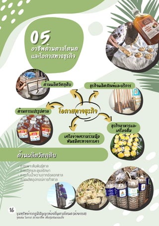 16
จุดเด่น
จุดเด่น โอกาส
โอกาส สร้างอาชีพ
สร้างอาชีพ เพื่อชุมชนเข้มแข็ง
เพื่อชุมชนเข้มแข็ง
05
05
ขุมทรัพย์จากภูมิปัญญาท้องถิ่นตาลโตนด (ห้วยกรด)
ขุมทรัพย์จากภูมิปัญญาท้องถิ่นตาลโตนด (ห้วยกรด)
โอกาสทางธุรกิจ
โอกาสทางธุรกิจ
ด้านการแปรรูปตาล
อาชีพด้านตาลโตนด
อาชีพด้านตาลโตนด
และโอกาสทางธุรกิจ
และโอกาสทางธุรกิจ
ด้านผลิตวัตถุดิบ
ด้านผลิตวัตถุดิบ
- การเพาะต้นพันธุ์ตาล
- การปลูกและดูแลรักษา
- การเก็บน้ำหวานจากช่อดอกตาล
- การผลิตอุปกรณ์การทำตาล
ธุรกิจอาหารและ
เครื่องดื่ม
เครือข่ายความร่วมมือ
พันธมิตรทางการค้า
ธุรกิจผลิตภัณฑ์และบริการ
ด้านผลิตวัตถุดิบ
ด้านผลิตวัตถุดิบ
 