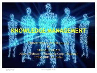 KNOWLEDGE MANAGEMENT
TRIMESTER 6: PGDM 2011-13
By
FIRDAUS KHAN
Assoc. Professor (Finance & Corp. Training)
ICBM-SBE, AP, India
firdaus@icbm.ac.in4/30/2013
 