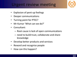 Urgent review meeting Explosion of pent-up feelings Deeper communications Turning point for PTEC? Mr Kumar ‘What can we do?’ Consultant:  Root cause is lack of open communications need to build trust, collaborate and share knowledge Develop better products and services Reward and recognise people How can this happen? 