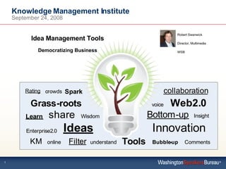 Knowledge Management Institute September 24, 2008 Idea Management Tools Democratizing Business Robert Swanwick Director, Multimedia WSB 
