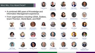 WHO WILL YOU HEAR FROM?
§ A combined 490 years of Knowledge and
Information Management experience.
§ From organizations in...