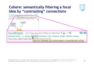 Cohere: semantically filtering a focal
 Idea by “contrasting” connections




Buckingham Shum, Simon (2008). Cohere: Towards Web 2.0 Argumentation. In: Proc. COMMA'08: 2nd International Conference on
Computational Models of Argument, 28-30 May 2008, Toulouse, France. IOS Press [PrePrint: http://oro.open.ac.uk/10421]       22
 