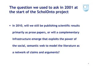 The question we used to ask in 2001 at
the start of the ScholOnto project


  In 2010, will we still be publishing scientific results

  primarily as prose papers, or will a complementary

  infrastructure emerge that exploits the power of

  the social, semantic web to model the literature as

  a network of claims and arguments?


                                                             4
 