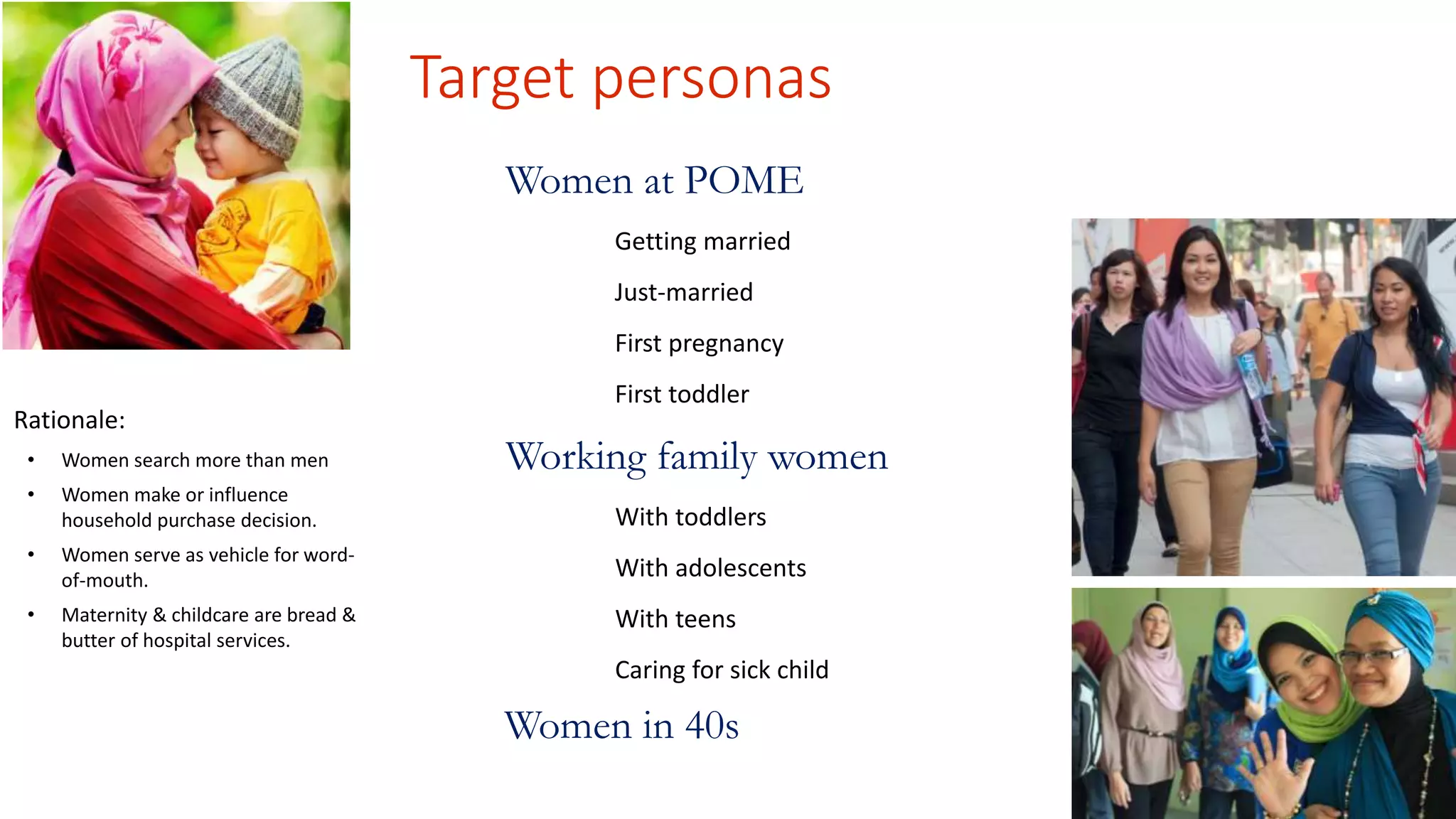 Target personas 
Women at POME 
Getting married 
Just-married 
First pregnancy 
First toddler 
Working family women 
With toddlers 
With adolescents 
With teens 
Caring for sick child 
Women in 40s 
Rationale: 
• Women search more than men 
• Women make or influence 
household purchase decision. 
• Women serve as vehicle for word-of- 
mouth. 
• Maternity & childcare are bread & 
butter of hospital services. 
 