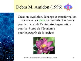 Debra M. Amidon (1996)

Création, évolution, échange et transformation
  des nouvelles idées en produits et services
pour le succès de l’entreprise/organisation
pour la vitalité de l’économie
pour le progrès de la société




    ISCOM 19 décembre 2012/Eunika Mercier-Laurent   18
 