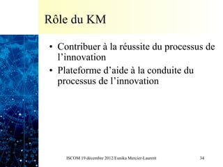 Rôle du KM

•  Contribuer à la réussite du processus de
   l’innovation
•  Plateforme d’aide à la conduite du
   processus de l’innovation




    ISCOM 19 décembre 2012/Eunika Mercier-Laurent   34
 