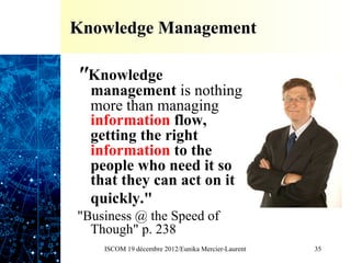 Knowledge Management

"Knowledge
  management is nothing
  more than managing
  information flow,
  getting the right
  information to the
  people who need it so
  that they can act on it
  quickly."
"Business @ the Speed of
  Though" p. 238
    ISCOM 19 décembre 2012/Eunika Mercier-Laurent   35
 