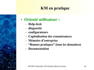 KM en pratique

•  Orienté utilisateur :
  –  Help desk
  –  diagnostic
  –  configurateurs
  –  Capitalisation des connaissances
  –  Mémoire d’entreprise
  –  “Bonnes pratiques” (tous les domaines)
  –  Documentation




    ISCOM 19 décembre 2012/Eunika Mercier-Laurent   46
 