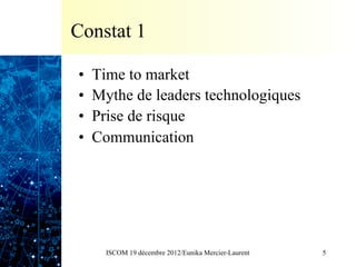 Constat 1

•    Time to market
•    Mythe de leaders technologiques
•    Prise de risque
•    Communication




       ISCOM 19 décembre 2012/Eunika Mercier-Laurent   5
 