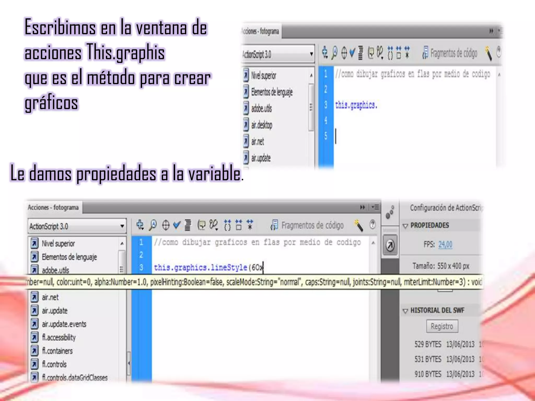Escribimos en la ventana de
acciones This.graphis
que es el método para crear
gráficos
Le damos propiedades a la variable.