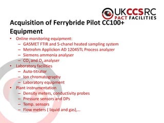 Acquisition of Ferrybride Pilot CC100+ Equipment 
• 
Online monitoring equipment: 
– 
GASMET FTIR and 5-chanel heated sampling system 
– 
Metrohm Applickon AD 12045TL Process analyzer 
– 
Siemens ammonia analyser 
– 
CO2 and O2 analyser 
• 
Laboratory facilities 
– 
Auto-titrator 
– 
Ion chromatography 
– 
Laboratory equipment 
• 
Plant instrumentation 
– 
Density meters, conductivity probes 
– 
Pressure sensors and DPs 
– 
Temp. sensors 
– 
Flow meters ( liquid and gas),…  