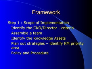 FrameworkFramework
Step 1 : Scope of Implementation
Identify the CKO/Director - criteria
Assemble a team
Identify the Knowledge Assets
Plan out strategies – identify KM priority
area
Policy and Procedure
 