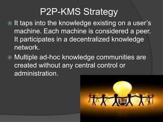 P2P-KMS Strategy
It taps into the knowledge existing on a user’s
machine. Each machine is considered a peer.
It participat...