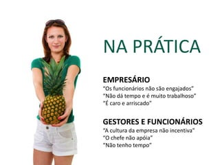NA PRÁTICA
EMPRESÁRIO
“Os funcionários não são engajados”
“Não dá tempo e é muito trabalhoso”
“É caro e arriscado”
GESTORES E FUNCIONÁRIOS
“A cultura da empresa não incentiva”
“O chefe não apóia”
“Não tenho tempo”
 