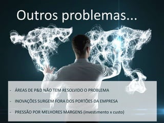 Outros problemas...
- ÁREAS DE P&D NÃO TEM RESOLVIDO O PROBLEMA
- INOVAÇÕES SURGEM FORA DOS PORTÕES DA EMPRESA
- PRESSÃO POR MELHORES MARGENS (investimento x custo)
 