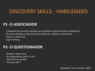 DISCOVERY SKILLS - HABILIDADES
P1- O ASSOCIADOR
- Criativamente encontra soluções para problemas gerando ideias divergentes
- Encontra soluções vindas de outras indústrias, campos ou disciplinas
- Zoom in / zoom out
- Lego Thinking
P2- O QUESTIONADOR
- Desafia o Status Quo
- Faz perguntas do estilo “e se?”
- Tolerância ao conflito
- “Por que não?”
Adaptado: The Innovator’s DNA
 
