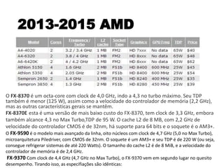 2013-2015 AMD
O FX-8370 é um octa-core com clock de 4,0 GHz, indo a 4,3 no turbo máximo. Seu TDP
também é menor (125 W), assim como a velocidade do controlador de memória (2,2 GHz),
mas as outras características gerais se mantêm.
FX-8370E esta é uma versão de mais baixo custo do FX-8370, tem clock de 3,3 GHz, embora
também alcance 4,3 no Max Turbo,TDP de 95 W. O cache L2 de 8 MB, com 2,2 GHz de
velocidade do controlador CMOS é de 32nm, há suporte para 64 bits e o soquete é o AM3+.
O FX-9590 é o modelo mais avançado da linha, oito núcleos com clock de 4,7 GHz (5,0 no Max Turbo),
microarquitetura Piledriver, com CMOS de 32nm. O soquete é um AM3+ e seu TDP é de 220 W (ou seja,
consegue refrigerar sistemas de até 220 Watts). O tamanho do cache L2 é de 8 MiB, e a velocidade do
controlador de memória é de 2,4 GHz.
FX-9370 Com clock de 4,4 GHz (4,7 GHz no Max Turbo), o FX-9370 vem em segundo lugar no quesito
desempenho. Tirando isso, as especifiações são idênticas:
 