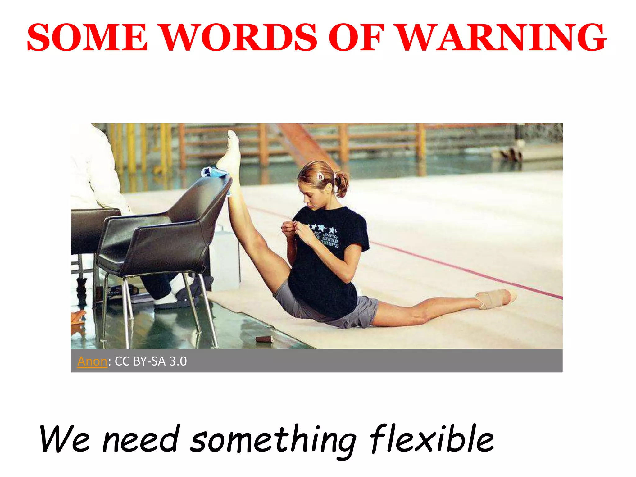SOME WORDS OF WARNING
We need something flexible
Anon: CC BY-SA 3.0
 