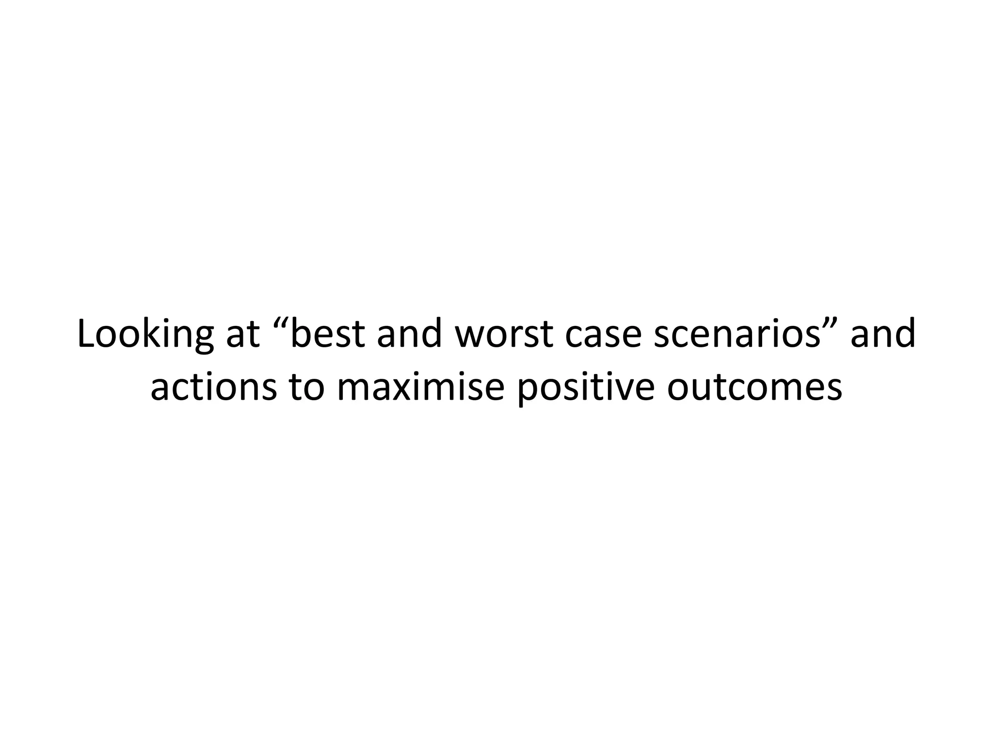 Looking at “best and worst case scenarios” and
actions to maximise positive outcomes
 