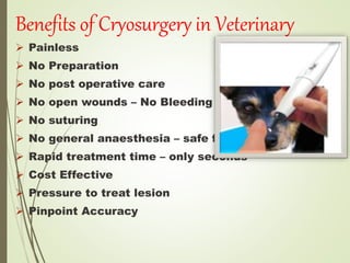Benefits of Cryosurgery in Veterinary
 Painless
 No Preparation
 No post operative care
 No open wounds – No Bleeding
 No suturing
 No general anaesthesia – safe for older animals
 Rapid treatment time – only seconds
 Cost Effective
 Pressure to treat lesion
 Pinpoint Accuracy
 