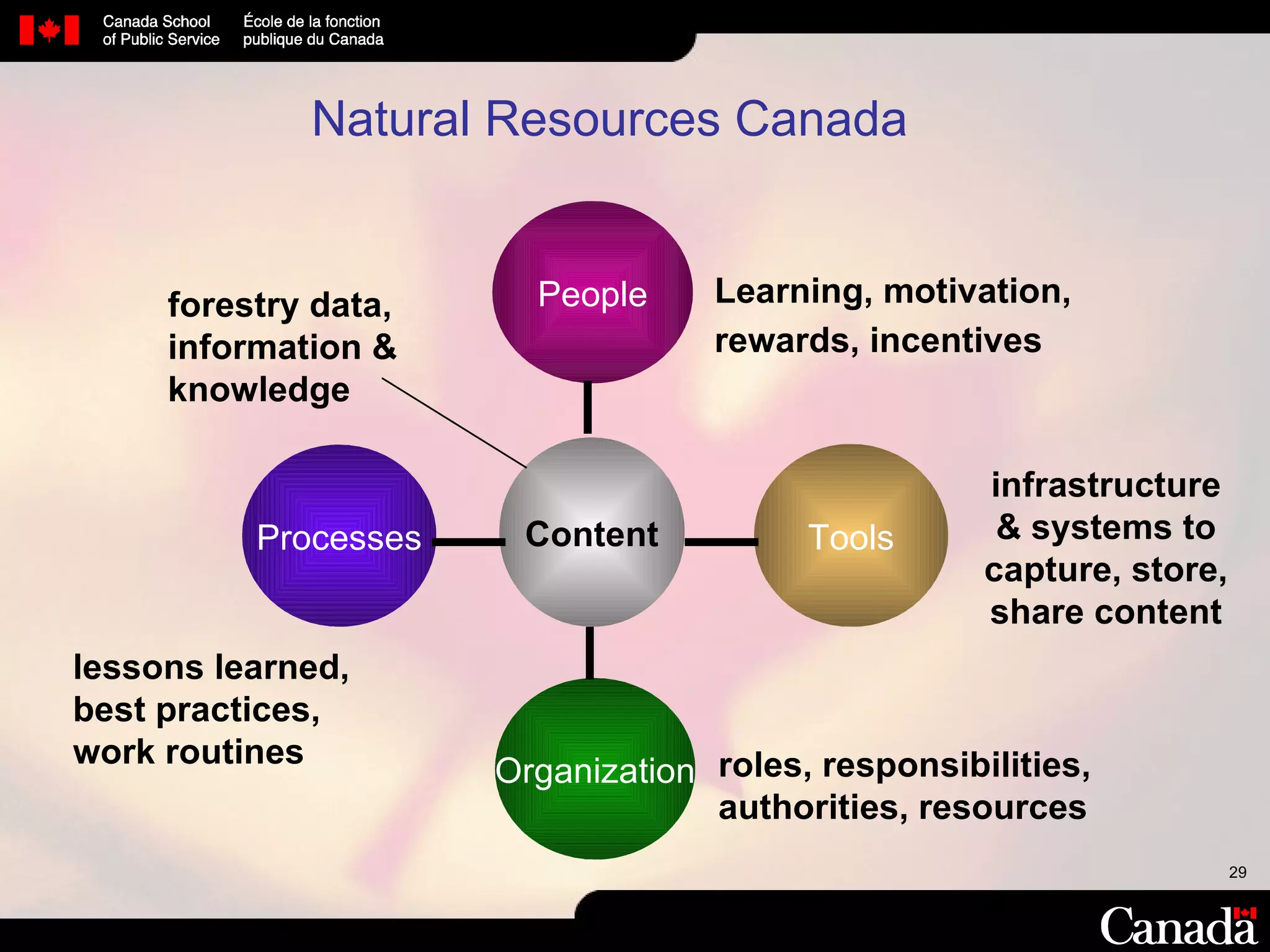 Natural Resources Canada infrastructure & systems to capture, store, share content Content Tools Organization People Learning, motivation, rewards, incentives Processes roles, responsibilities, authorities, resources lessons learned, best practices, work routines forestry data, information & knowledge   